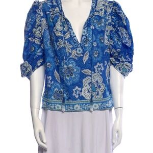 FARM Rio Blue and White Puff Sleeve Ruffled Blouse